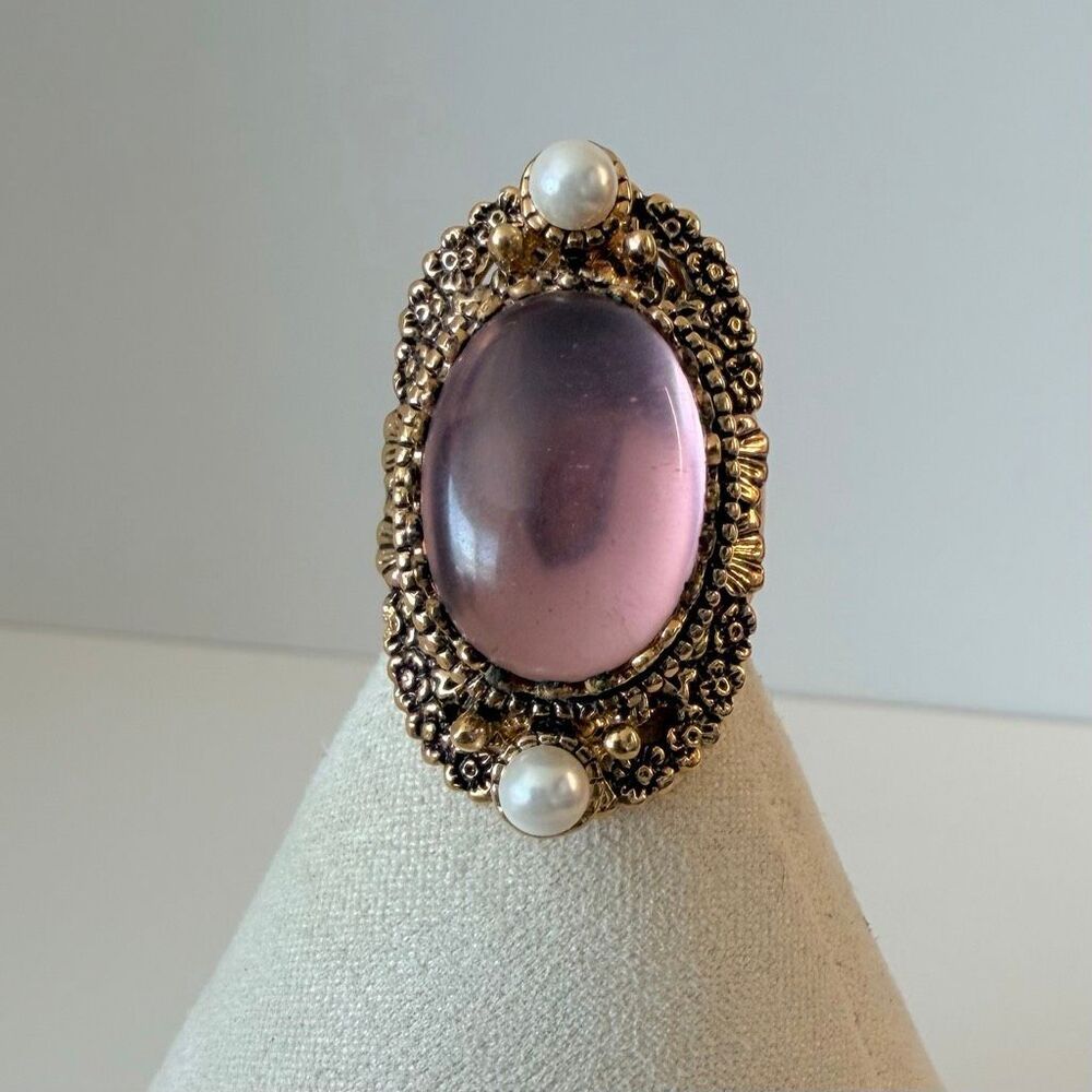 Ornate Purple Cabochon Pearl Floral Statement Cocktail Ring
